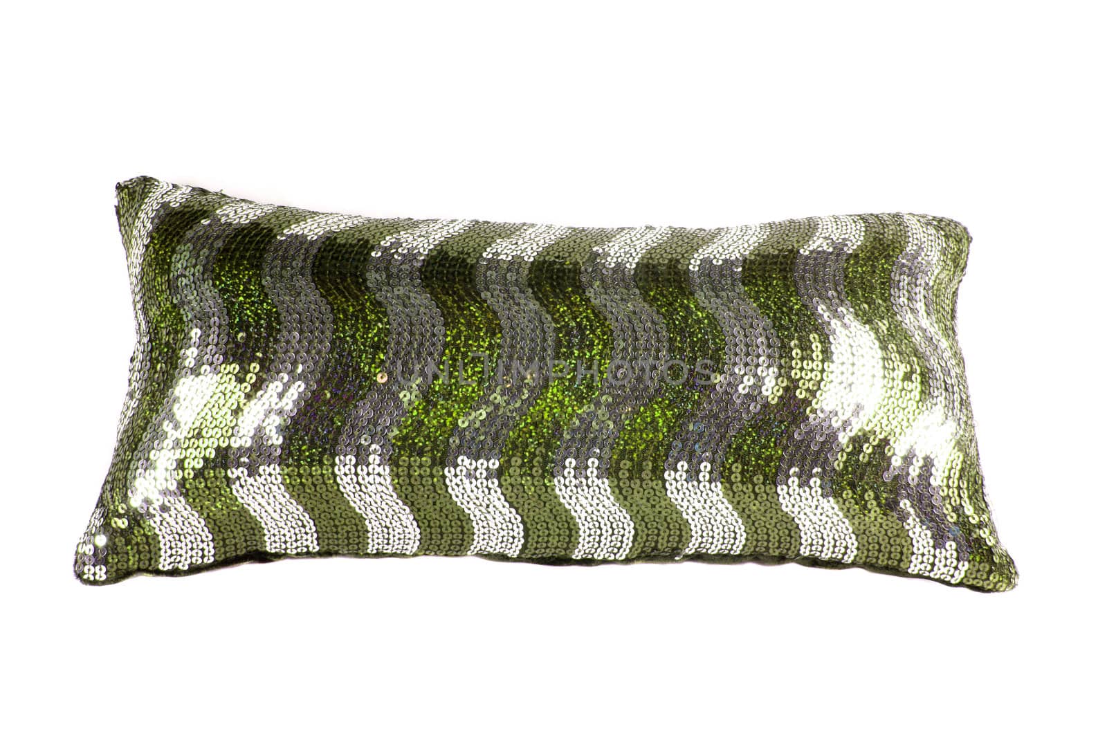 A designer pillow with a wavy design of green and white sequins, isolated on white studio background.