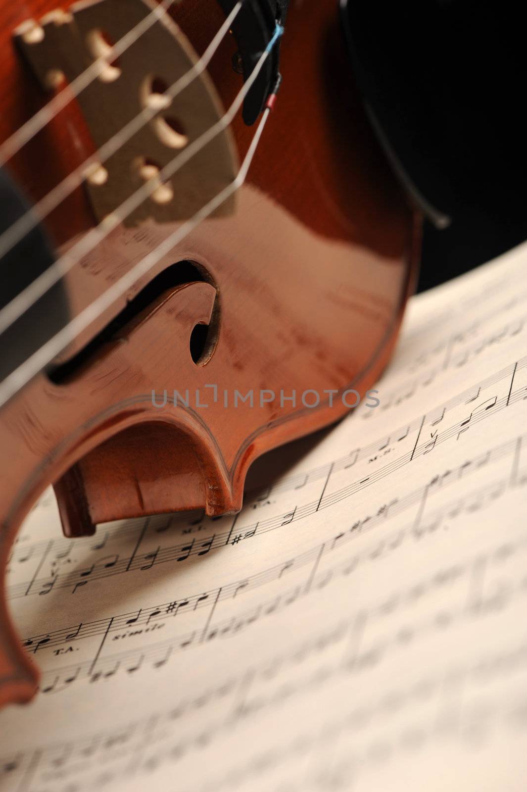 Elegant shot of a violin on a music sheet