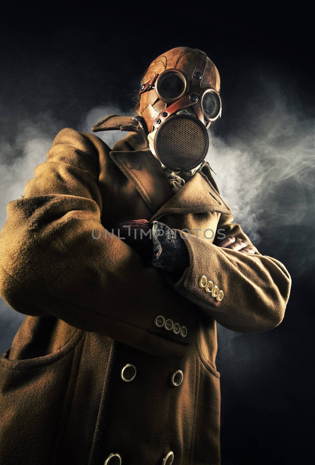 grunge portrait man in gas mask 