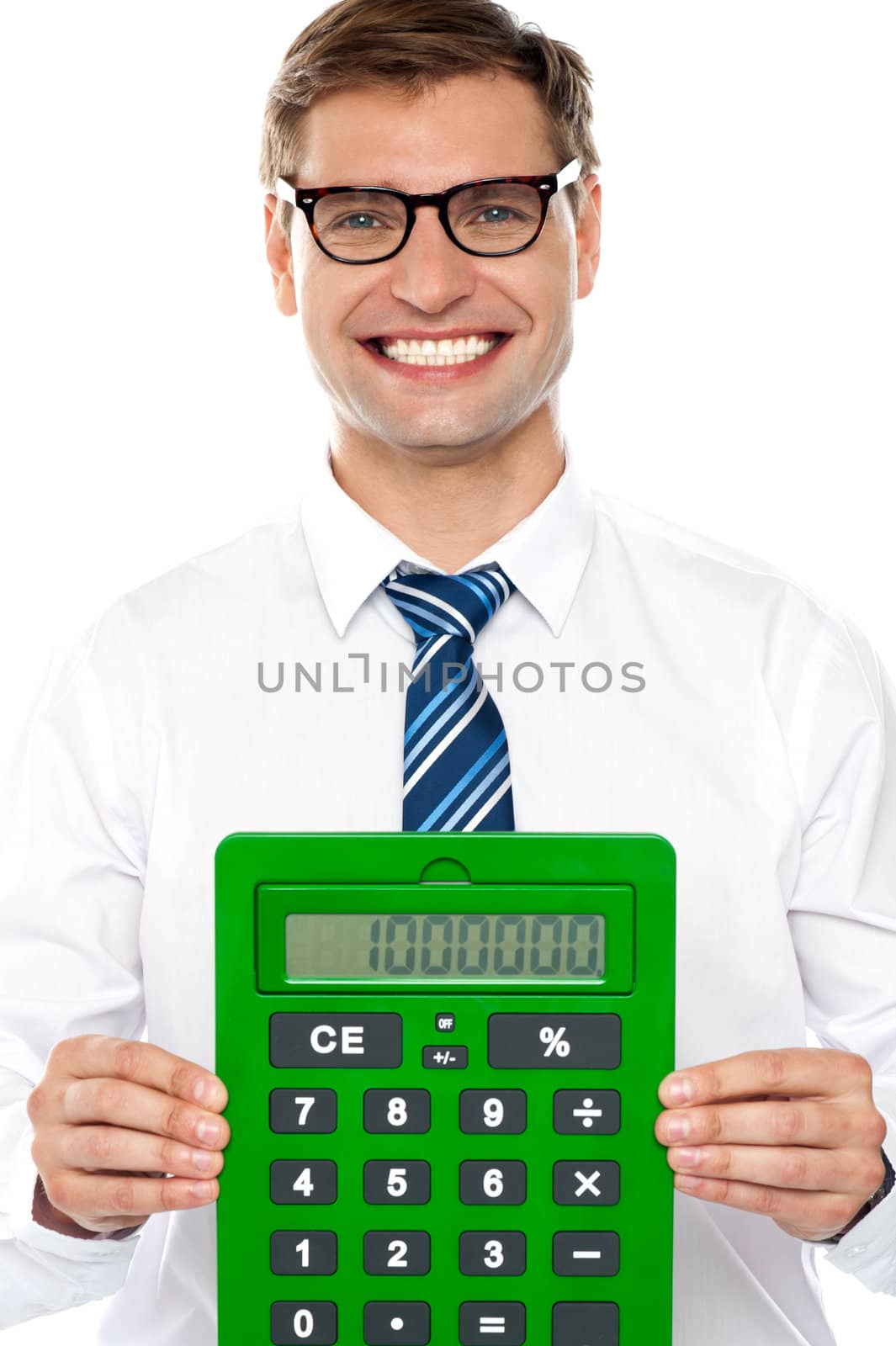 Smiling corporate man showing big green calculator against white background