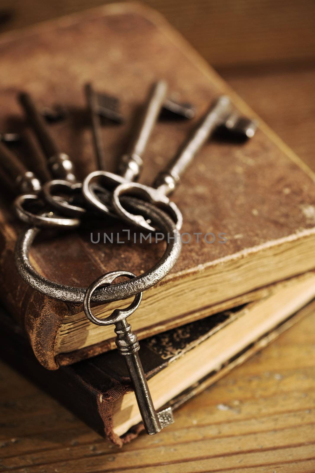 old keys on a old book, antique wood background by stokkete