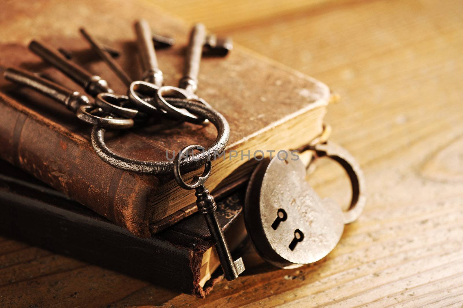 old keys on a old book, antique wood background by stokkete