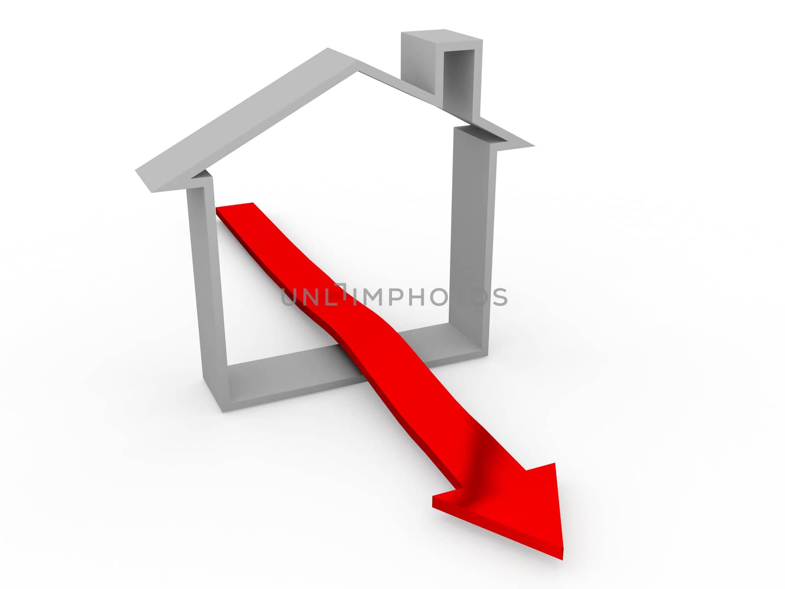 Grey house and red arrow on a white background