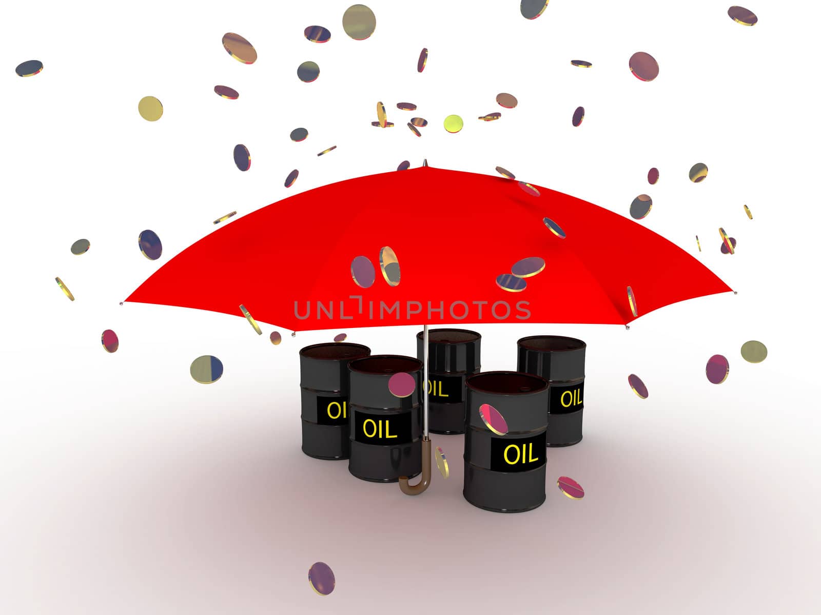 Black oil barrels under a red umbrella
