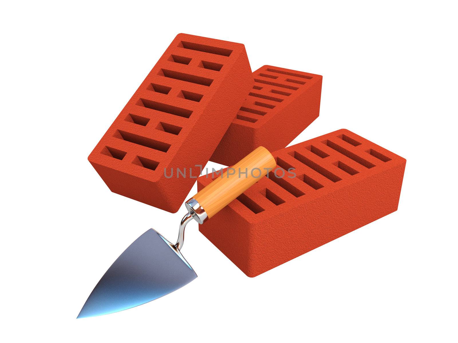 Bricks and trowel on a white background