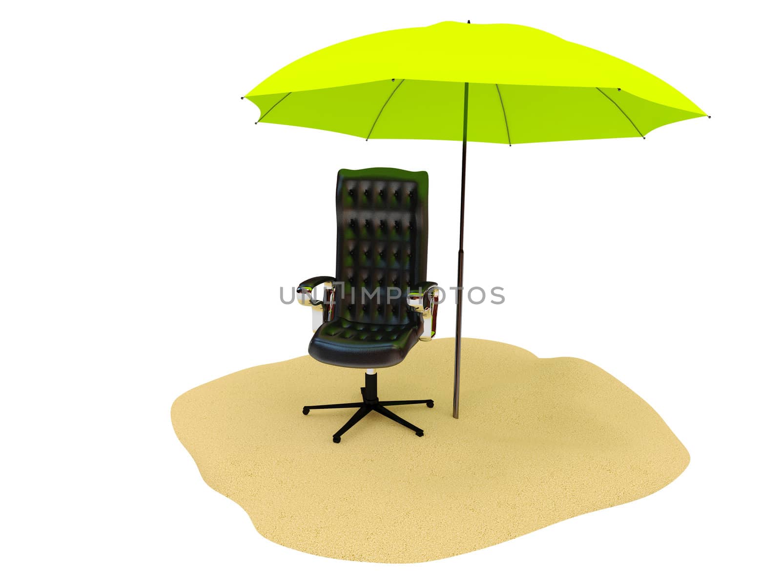 Leather chair under a big green umbrella