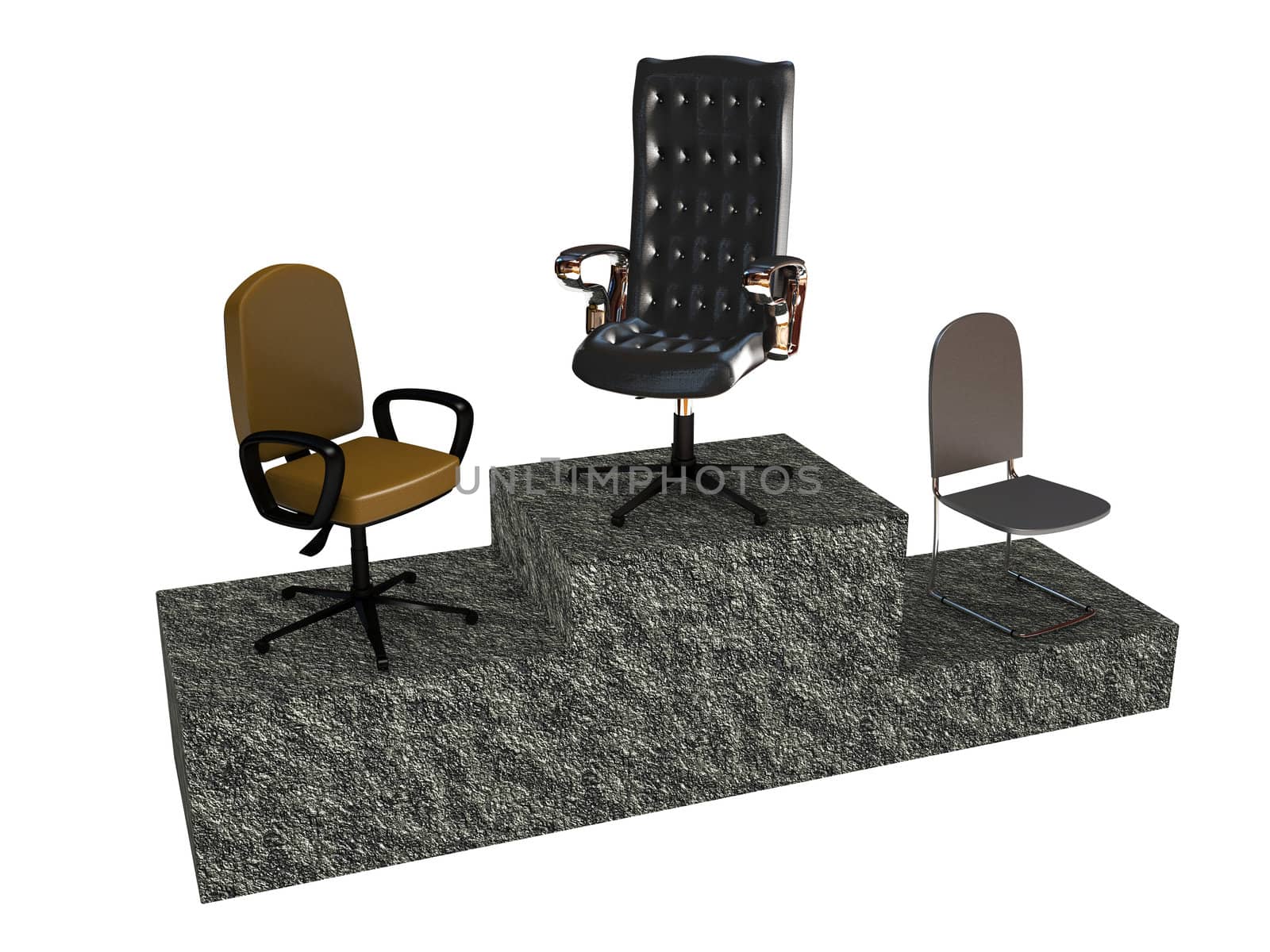 Three different chairs on a gray pedestal