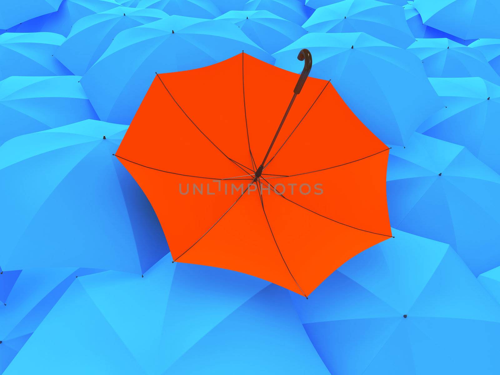 The orange umbrella among many blue umbrellas