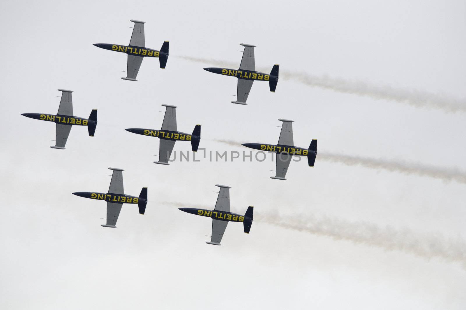 LONDON, UK, Saturday July 14, 2012. The Aero L-39 Albatros from the Breitling Jet Team displaying at Farnborough International Airshow 2012.