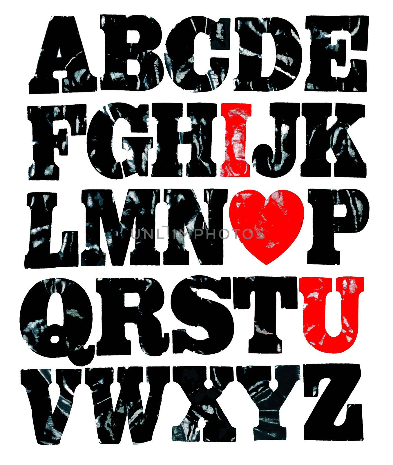 complete English alphabet grunge style on white background