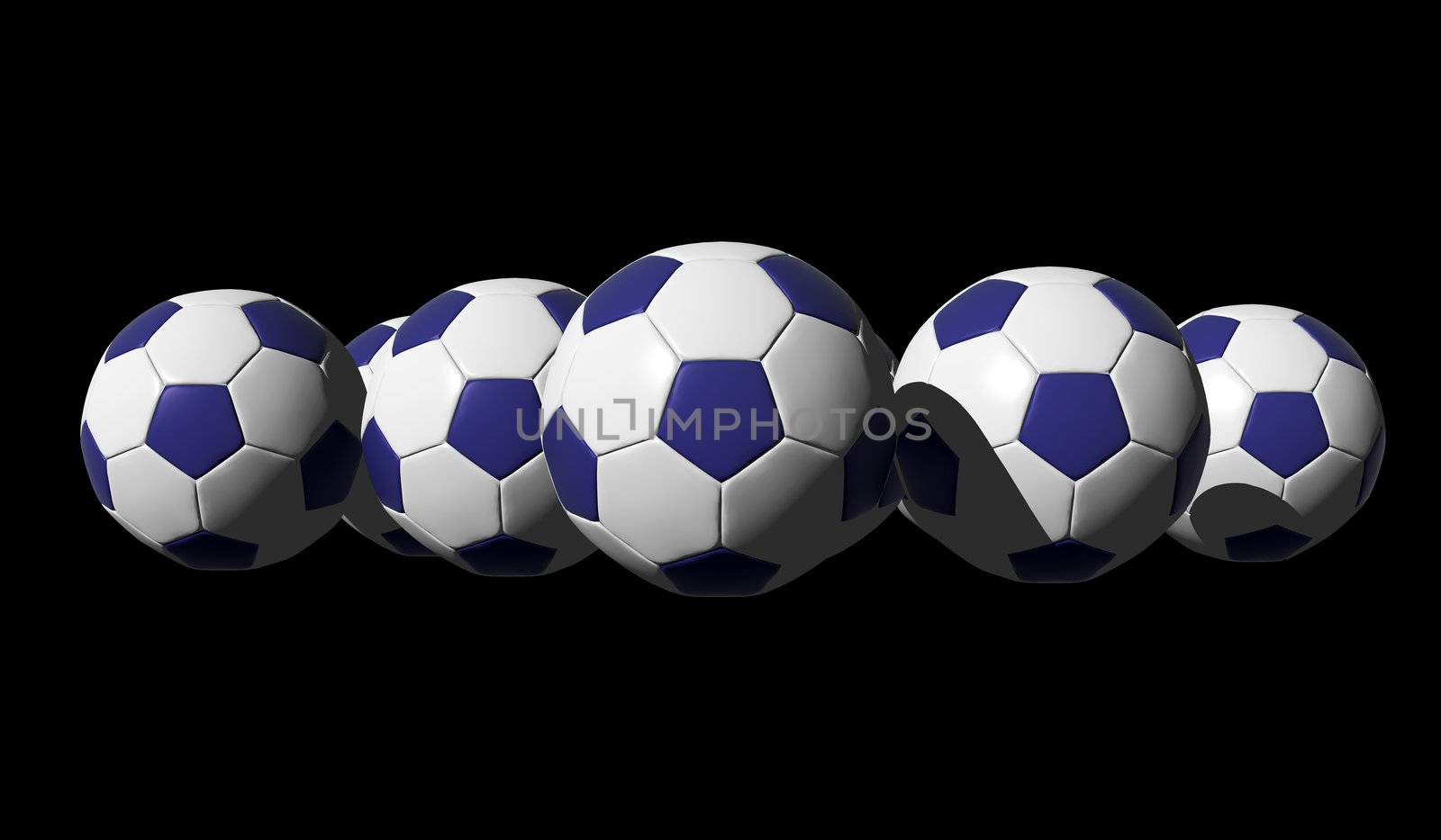 3D rendered blue soccer balls on black background