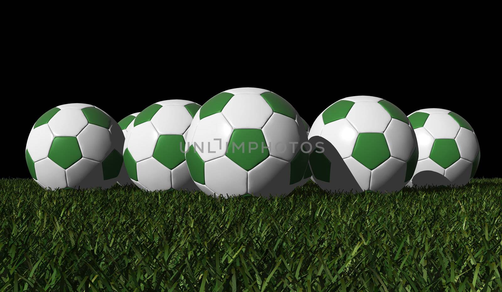 Green soccer balls on a green grass - black background