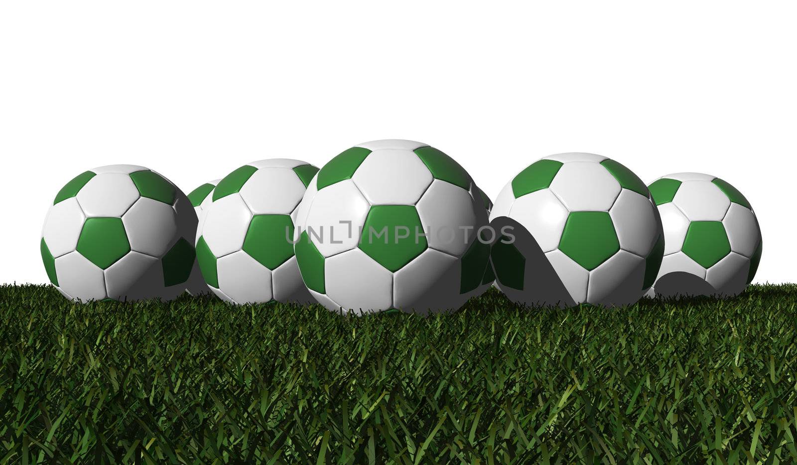 Green soccer balls on a green grass by siraanamwong