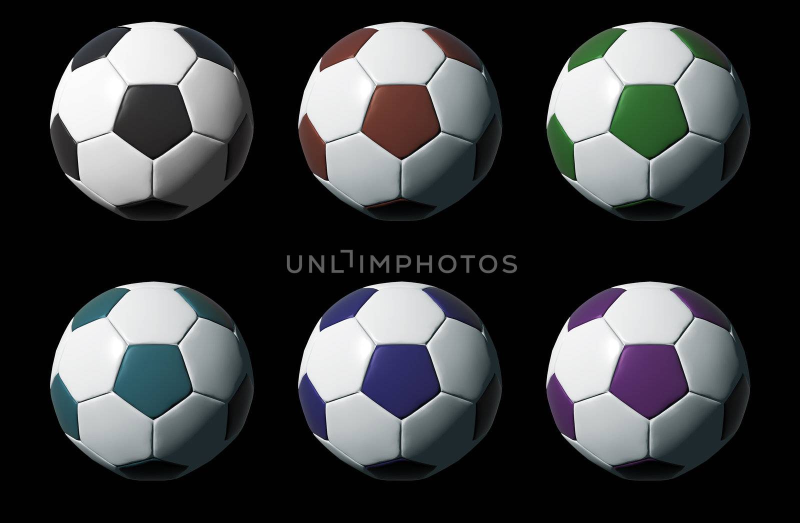 Colorful 3D soccer balls isolated on black background  by siraanamwong