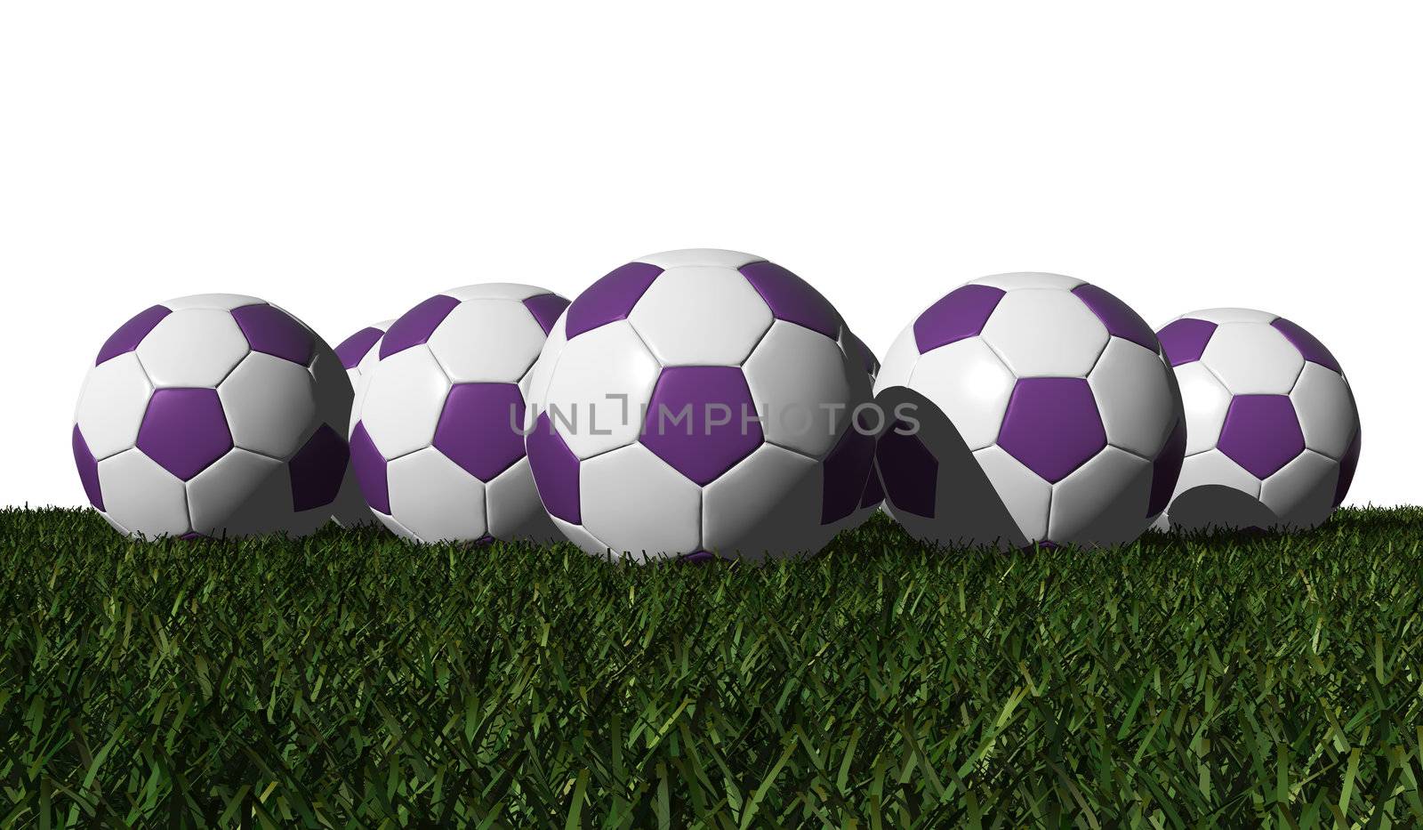 Purple soccer balls on a green grass - white background