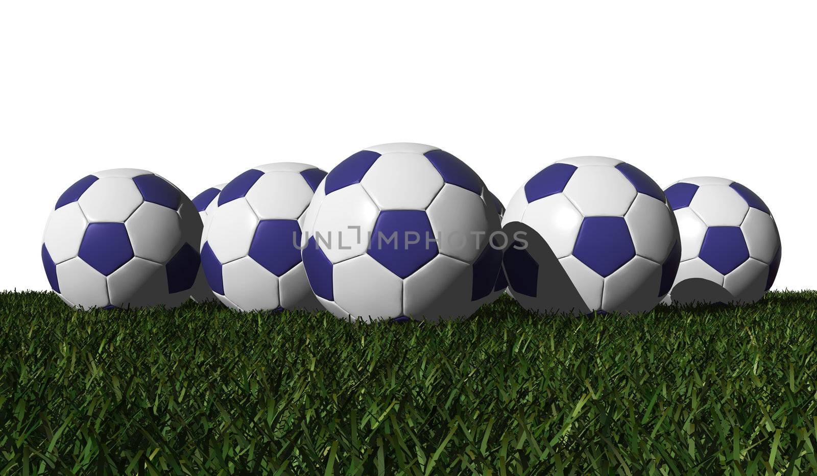 Blue soccer balls on a green grass by siraanamwong