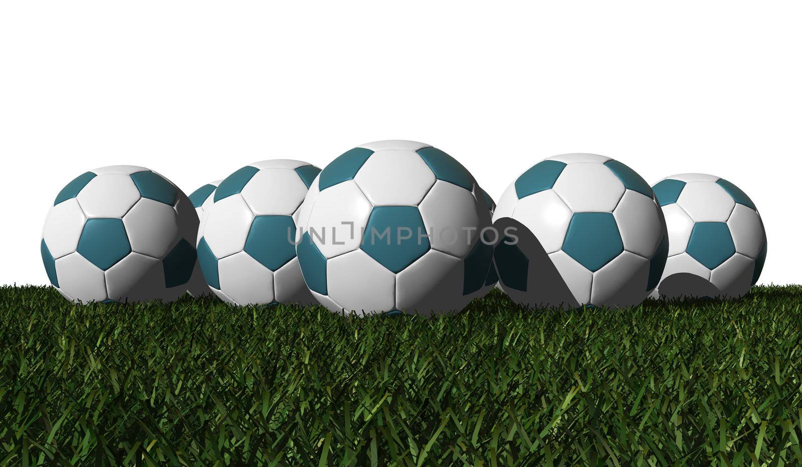 Cyan soccer balls on a green grass - black background