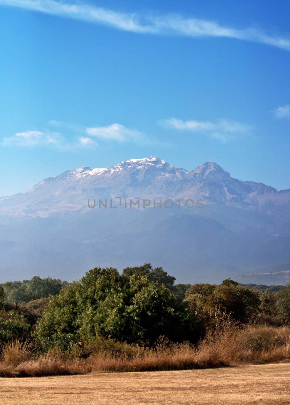 Popocatepetl  volcano and blue sky in Mexico