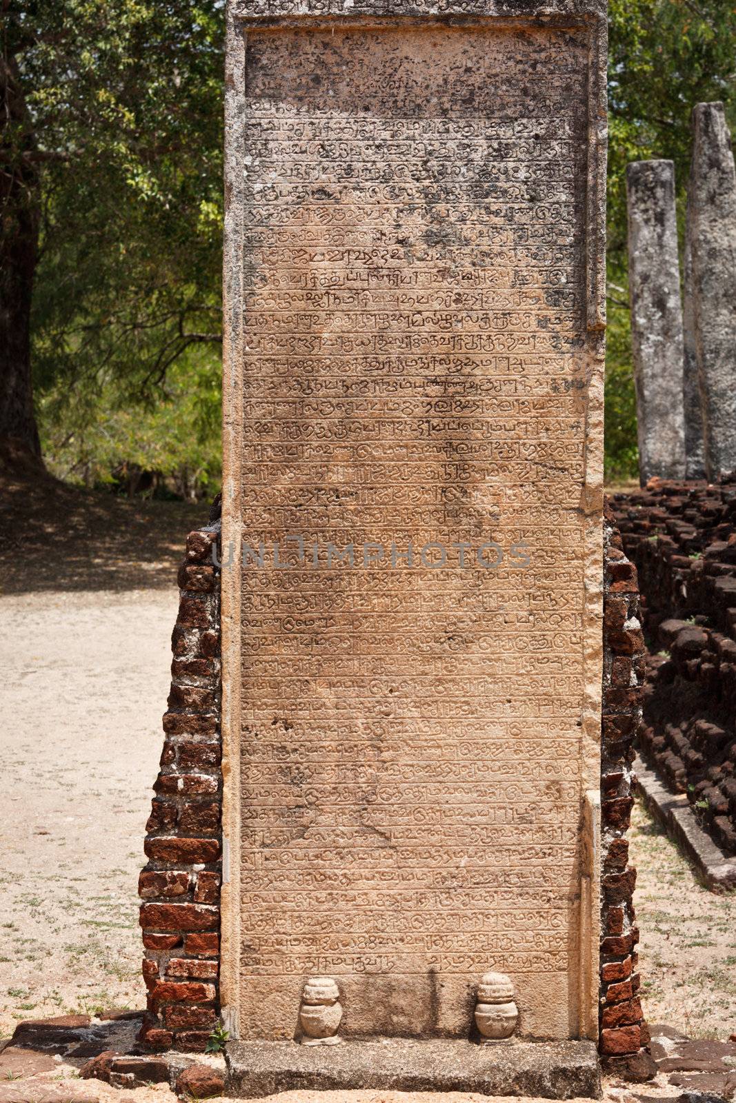 Ancient stone inscriptions in Singalese language texture. Pollonaruwa, Sri Lanka