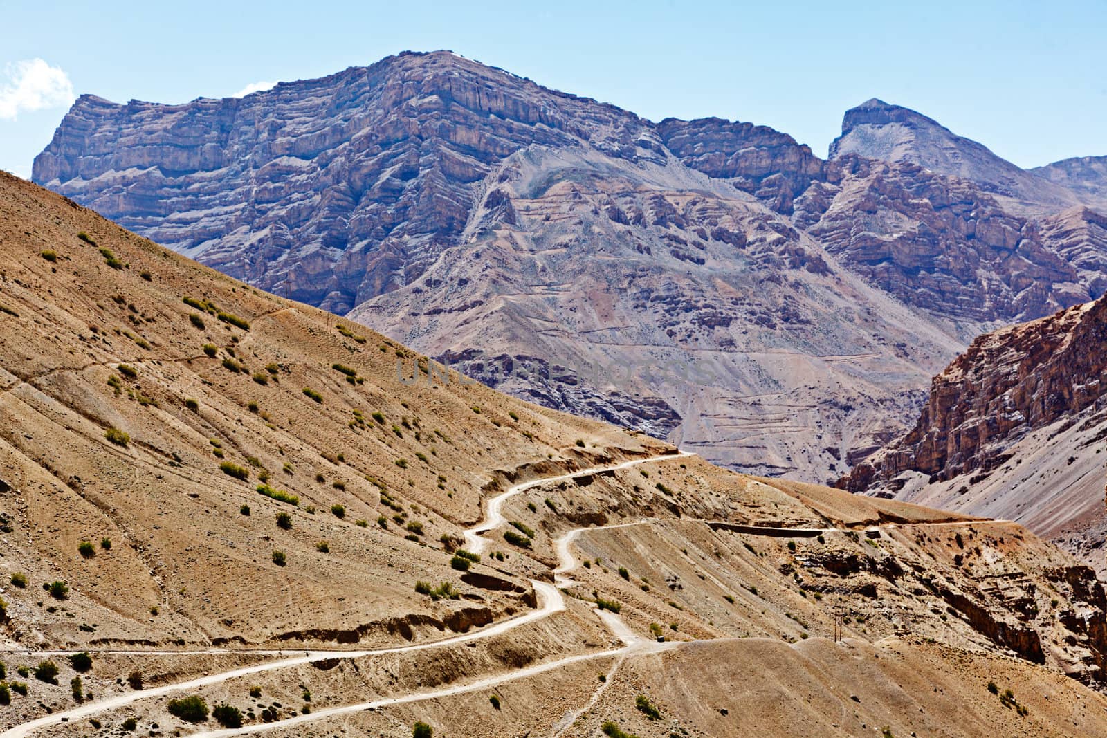 Road in mountains (Himalayas). Spiti Valley,  Himachal Pradesh, India