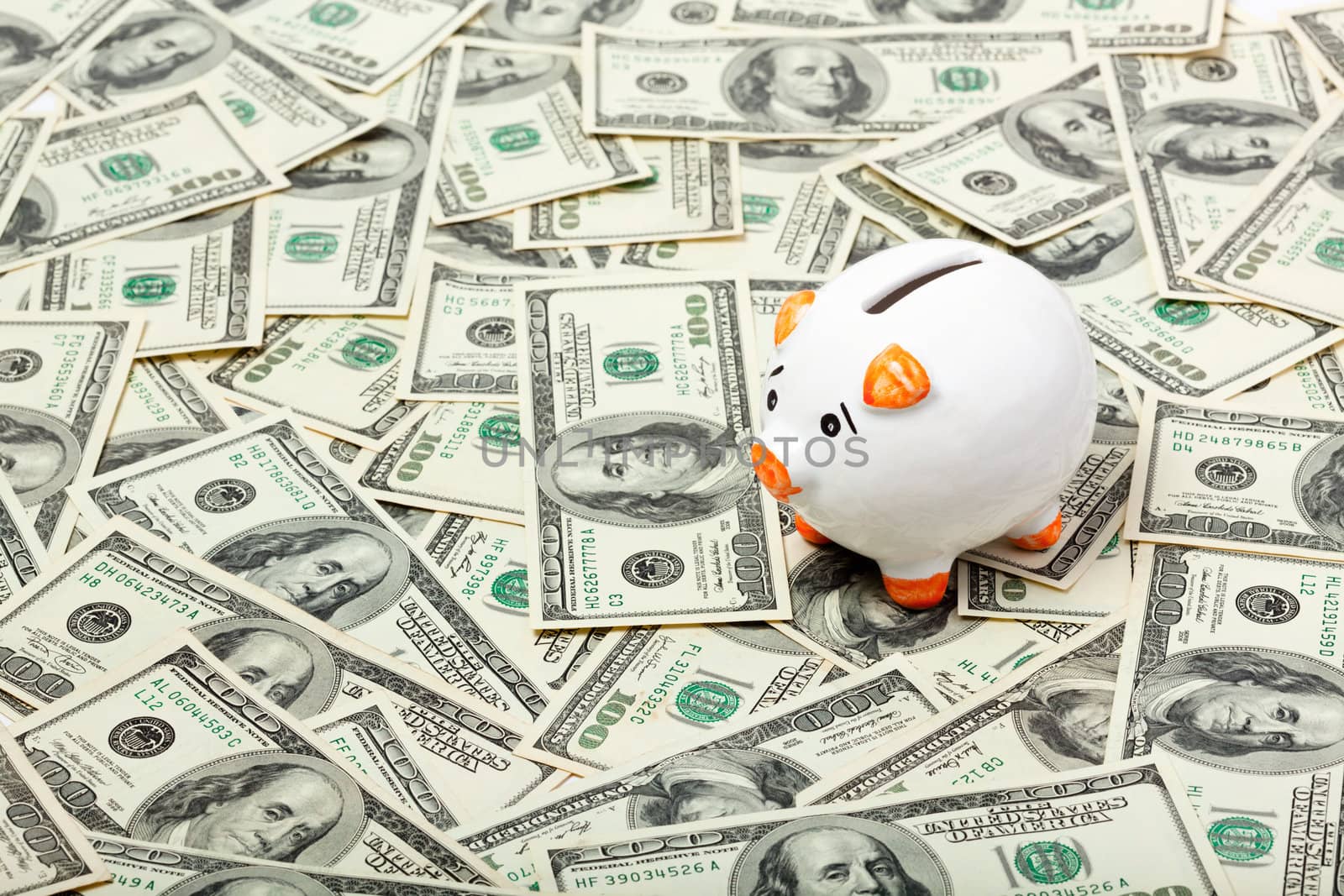 Piggy bank on dollars background