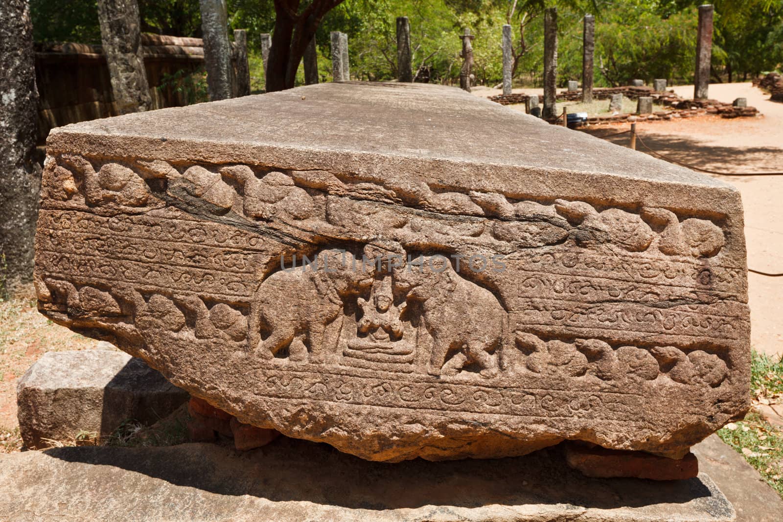 Gal Pota - stone tablet with ancient incsriptions. Pollonaruwa, Sri Lanka