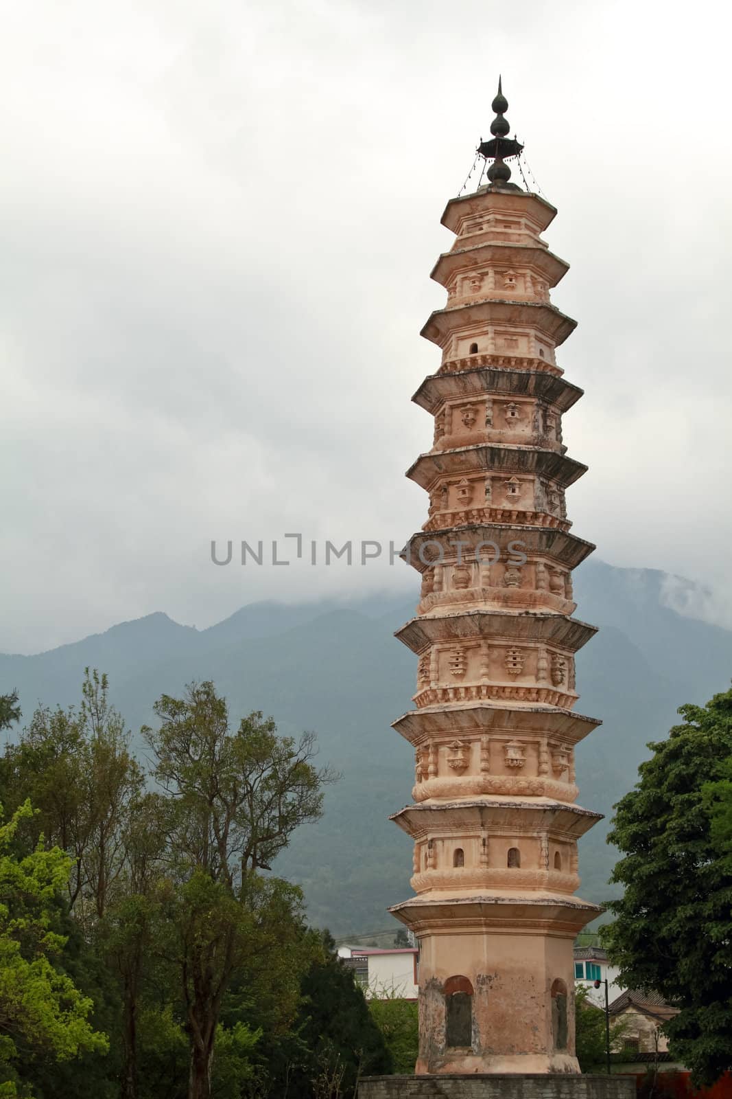 Old pagoda with mount background in China