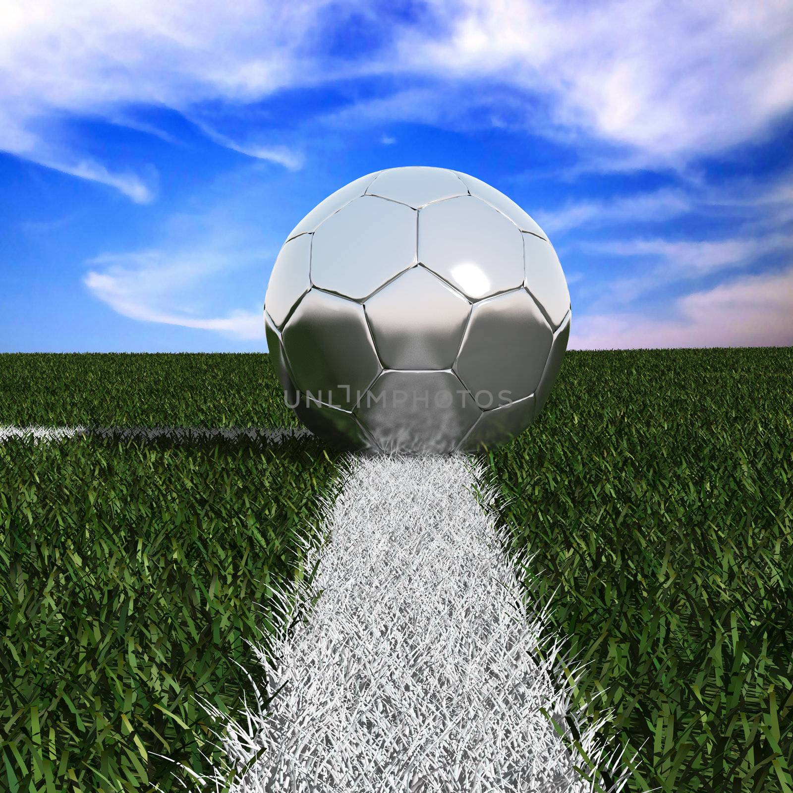 Silver soccer ball in the grass isolated on against the sky 