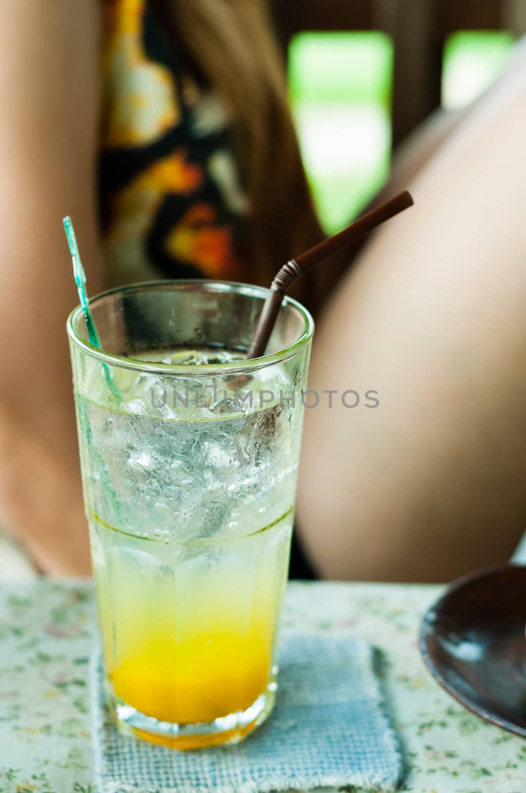 Mango Soda mix juice with girl background