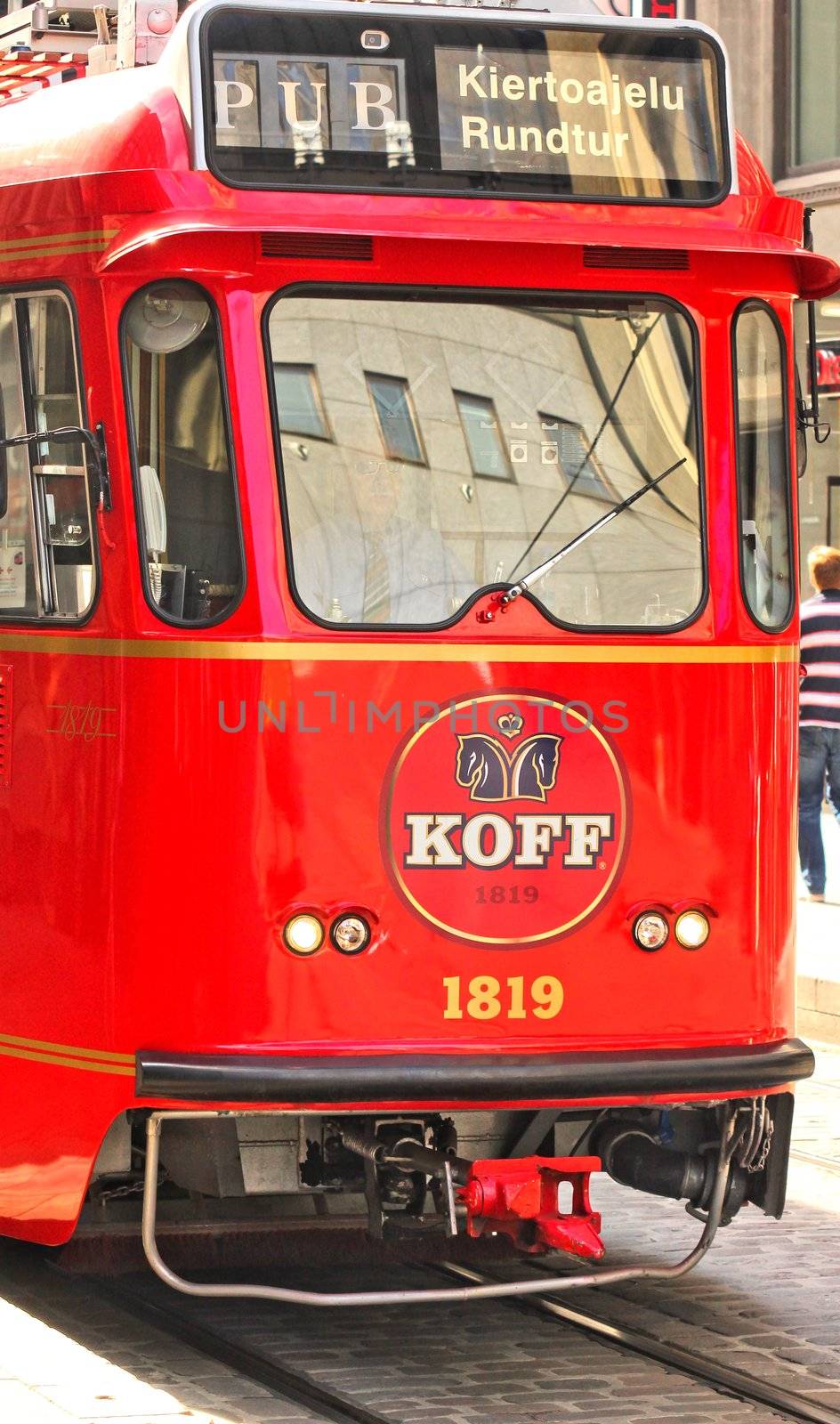 Red pub tram in the capital of Finland, Helsinki