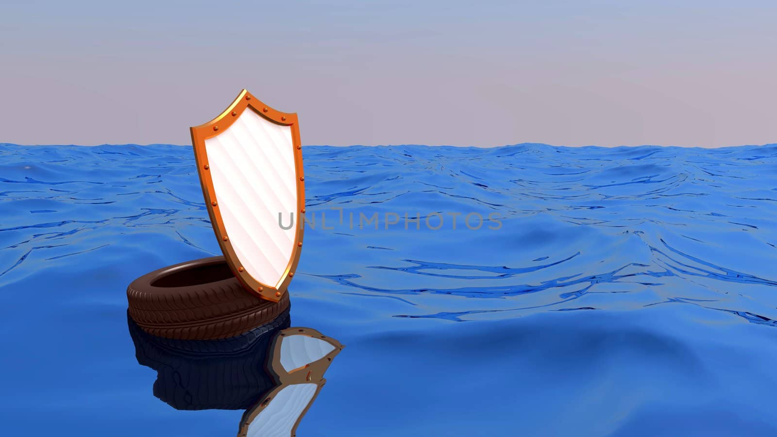 wheel and shield float at the ocean, an abstract background