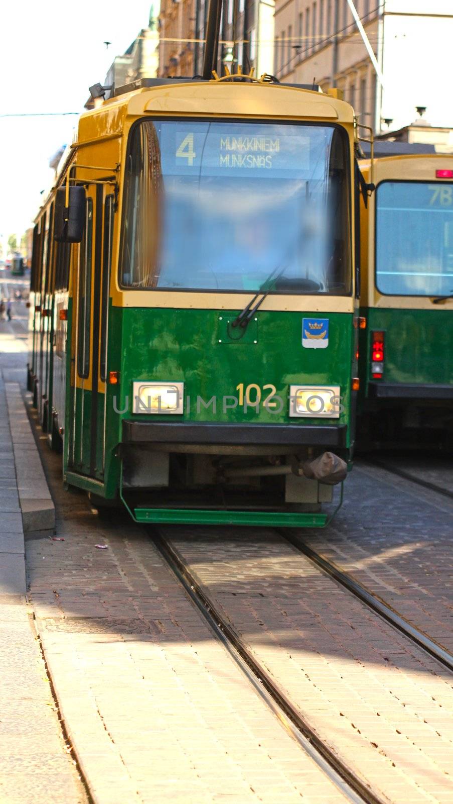 Green tram in the capital of Finland, Helsinki