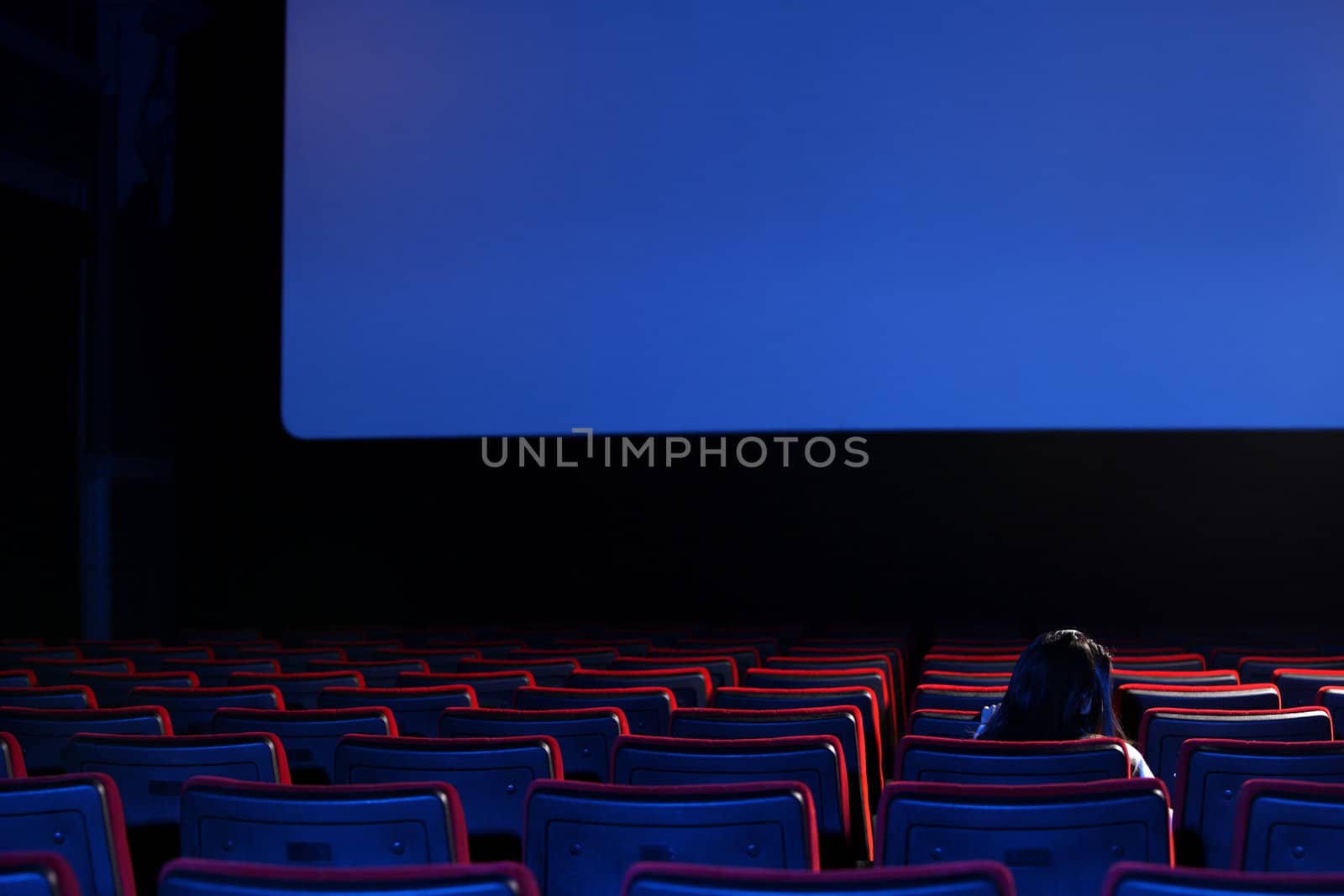 the end: youn woman  alone sitting in a empty movie theater,rear view