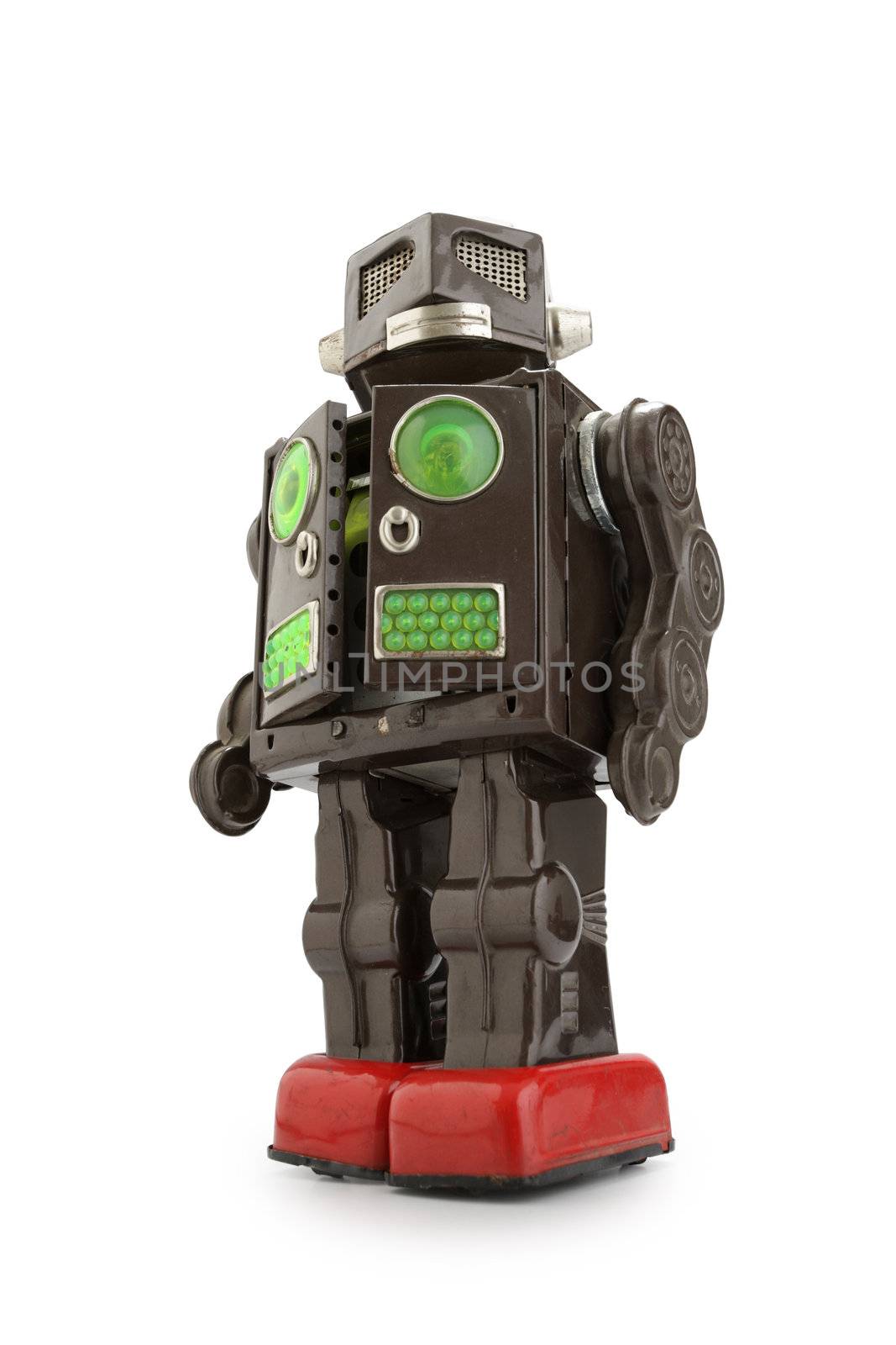 a  retro tin robot toy isolated on white background