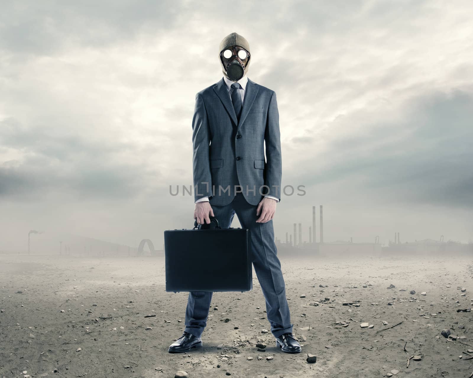 doomsday: portrait of businessman in a gas mask  with suitcase