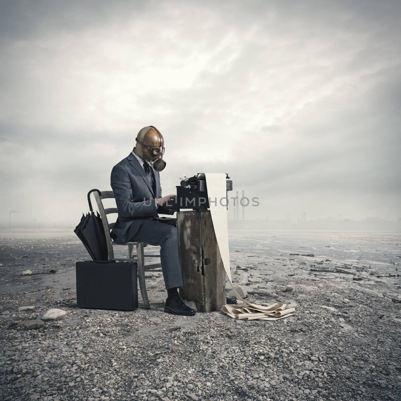 business wearing a gas mask, write with an old typewriter by stokkete