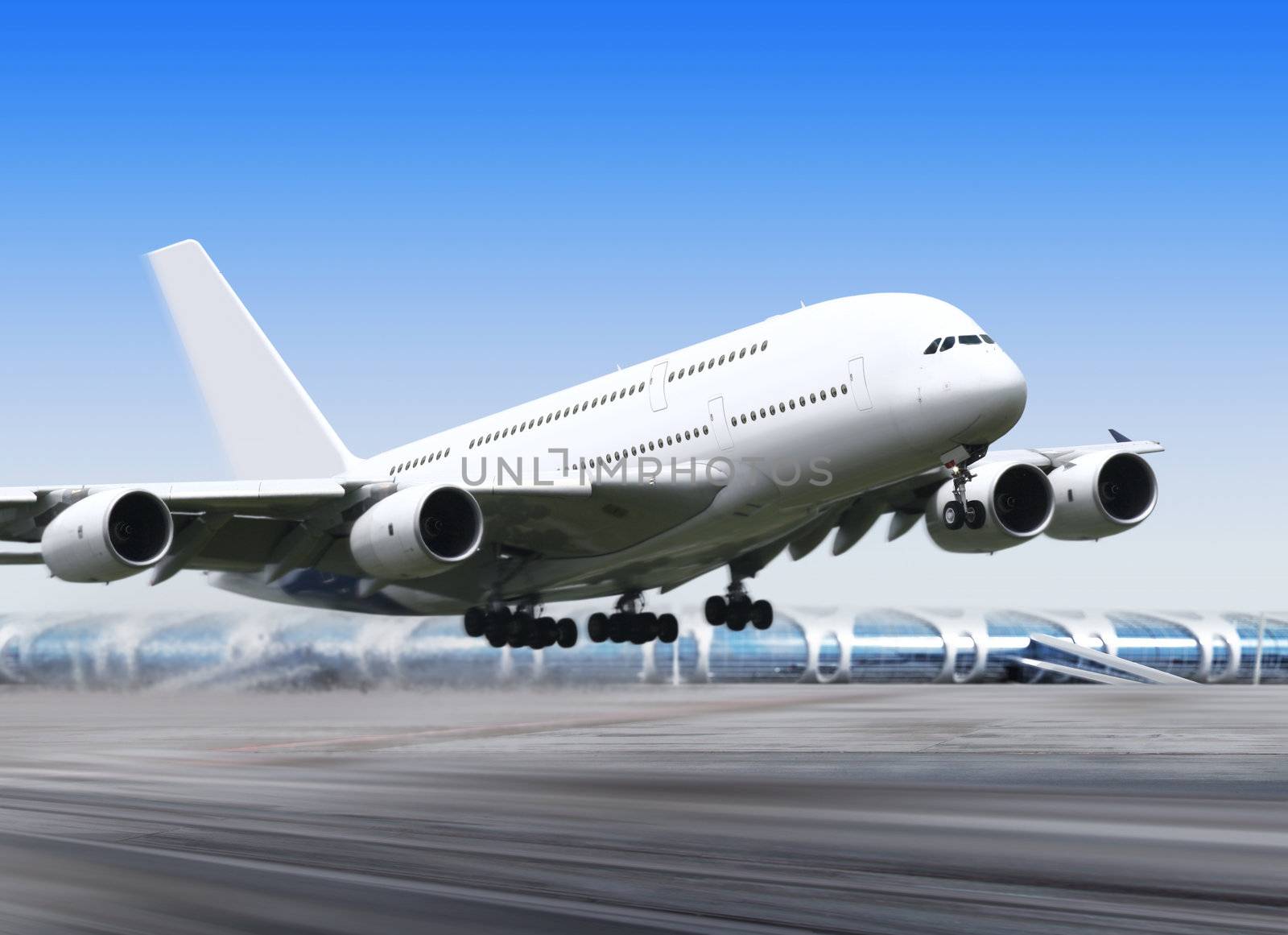 white passenger airplane in the blue sky landing away