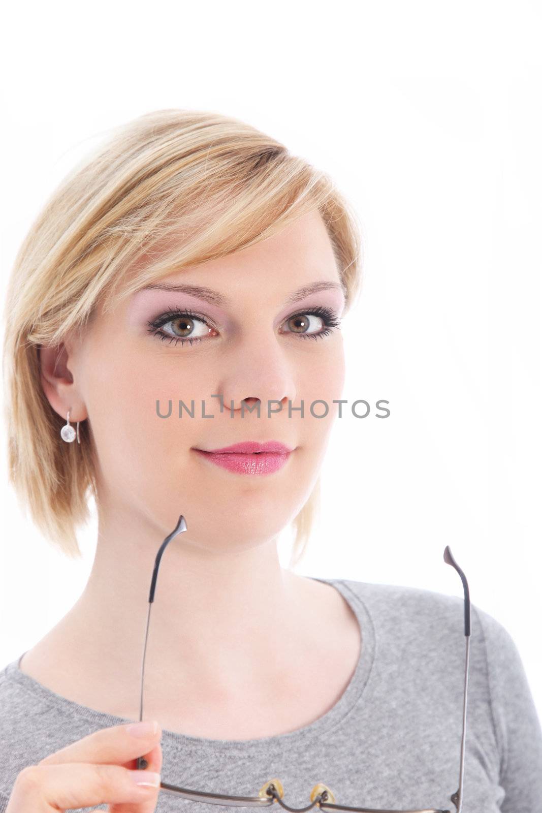 Attractive blonde woman holding glasses - isolated on white