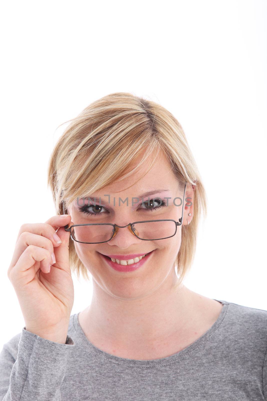 Studio shot of smiling blonde woman with glasses isolated on white