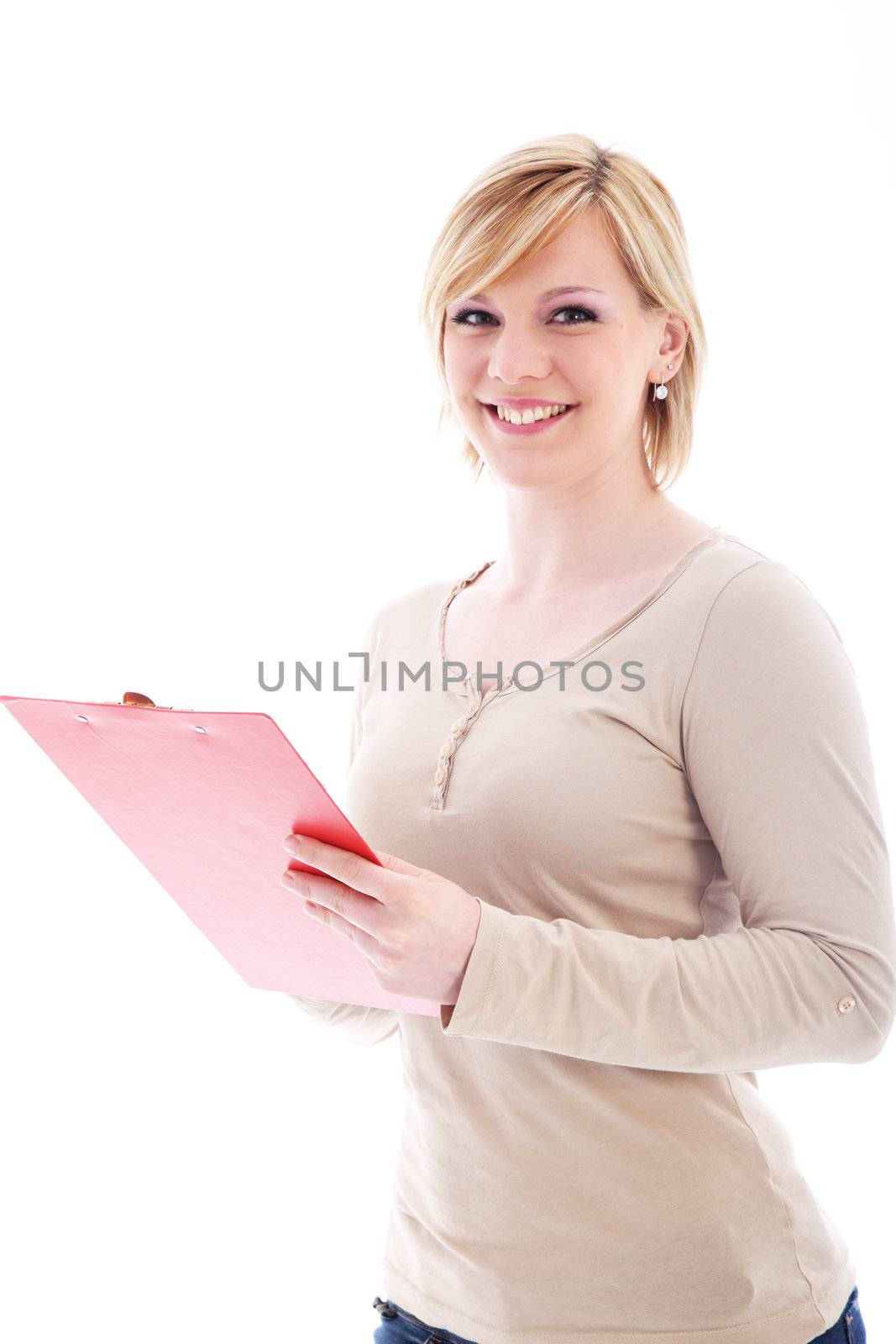 Studio shot of friendly woman with red folder on white background