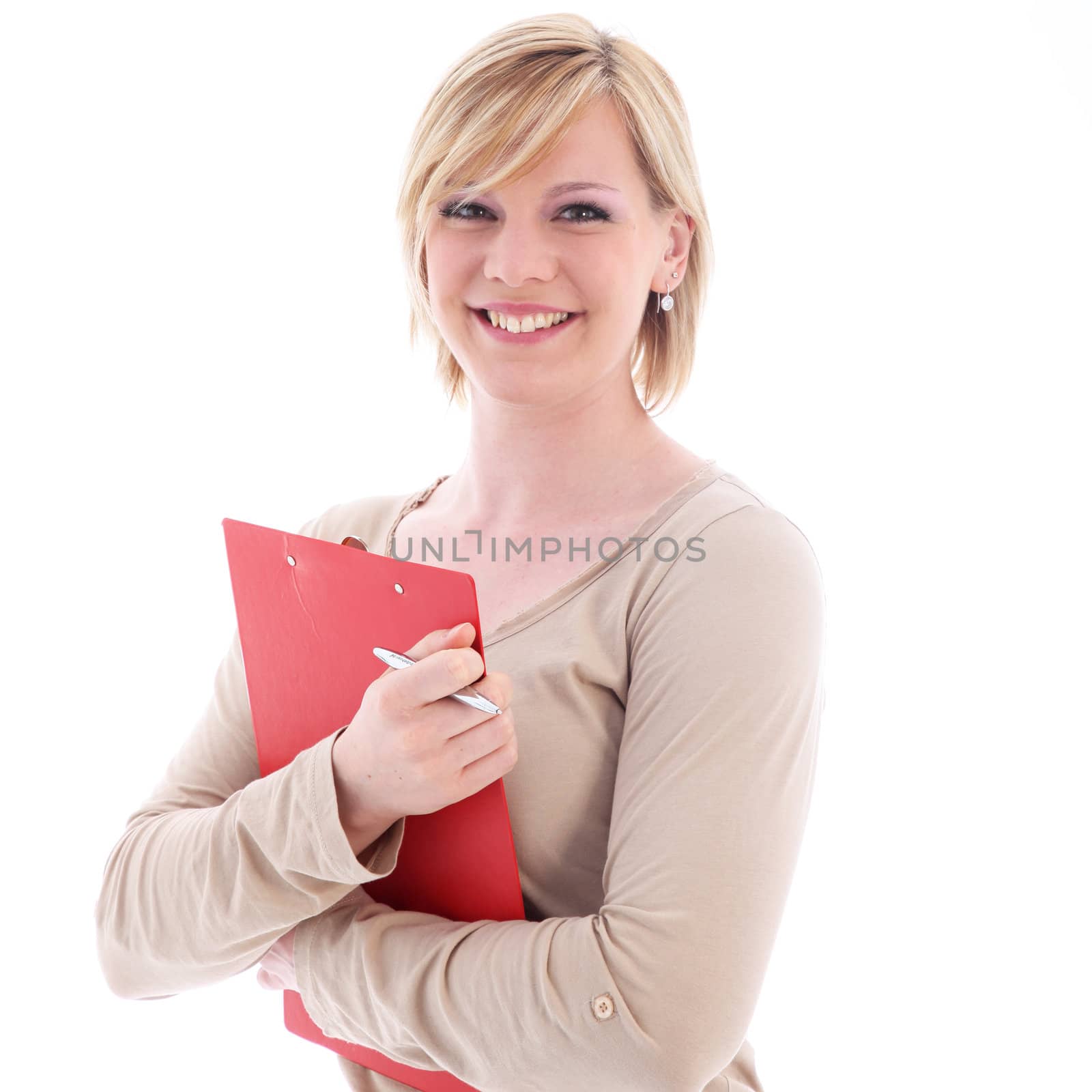 Studio shot of smiling secretary with red folder on white background