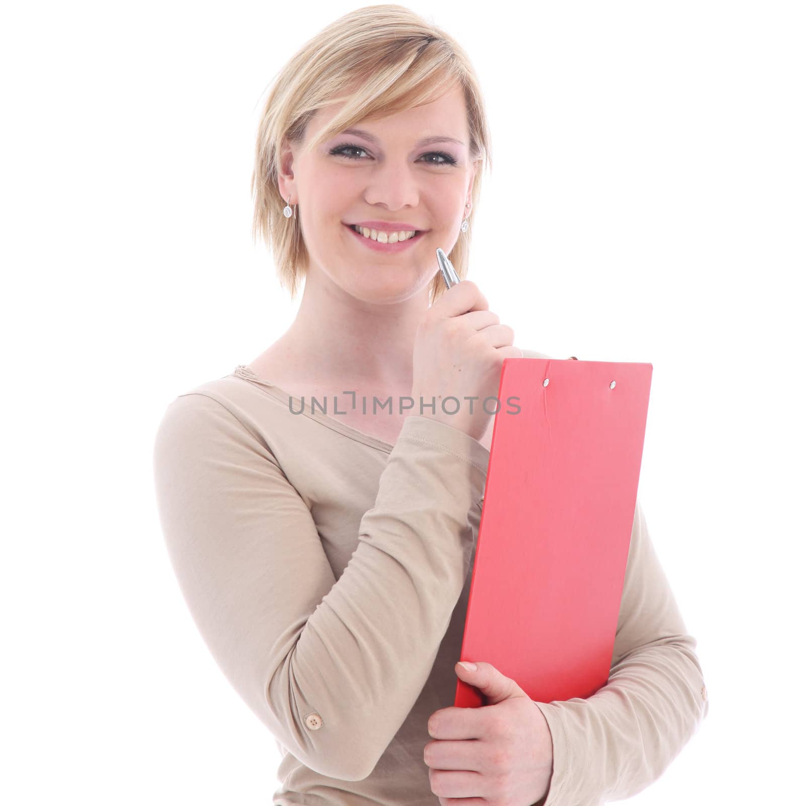 Smiling blonde woman holding red folder and pen - isolated on white