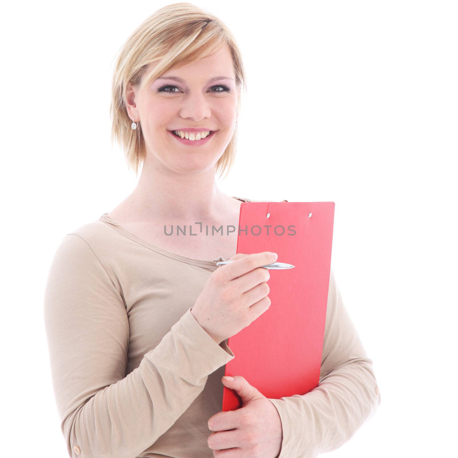 Attractive smiling friendly young businesswoman with a folder and pen isolated on white