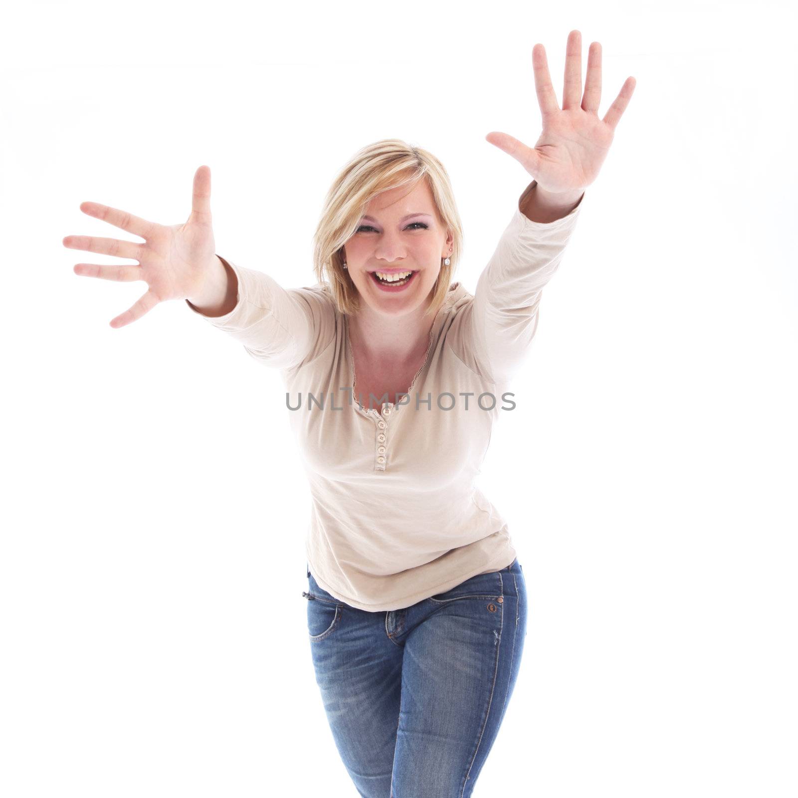 Laughing playful woman with outstretched arms by Farina6000