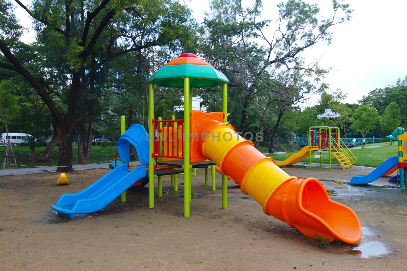 colorful playground in a city park.