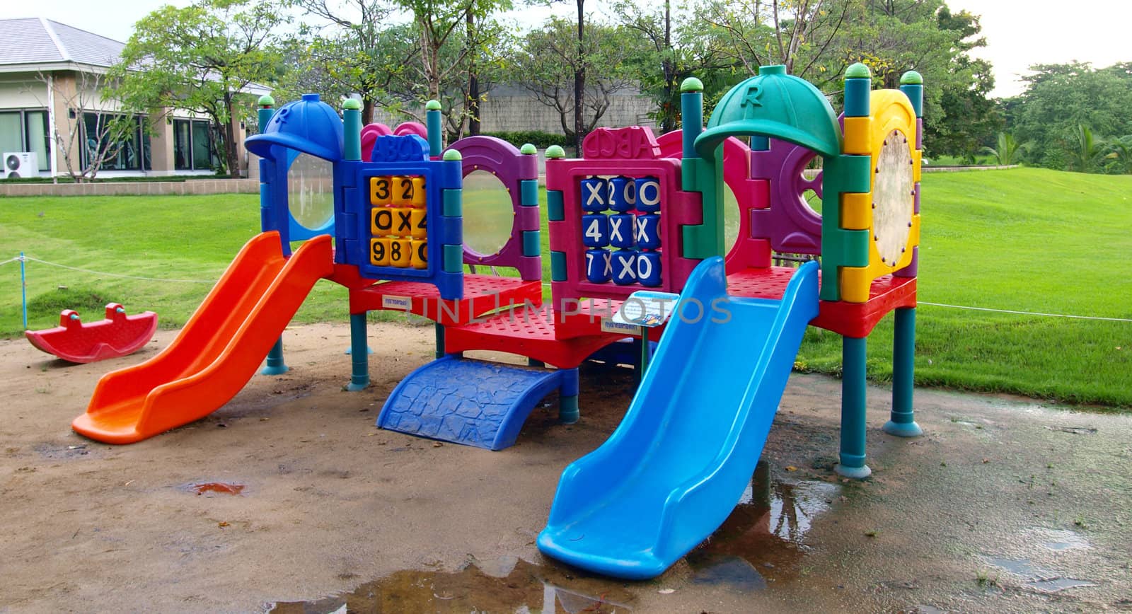 colorful playground in a city park.  