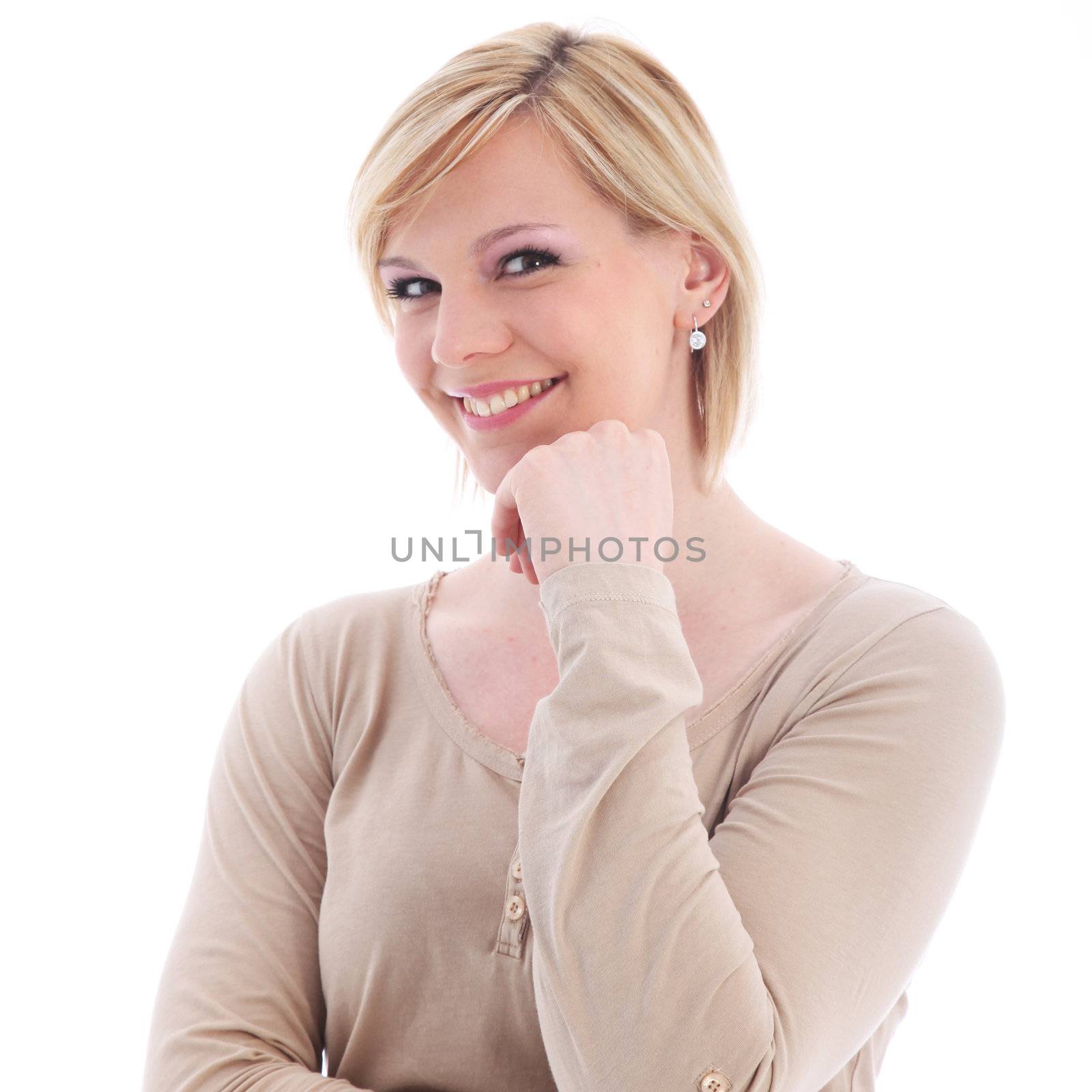 Studio shot of young cheerful woman on white background