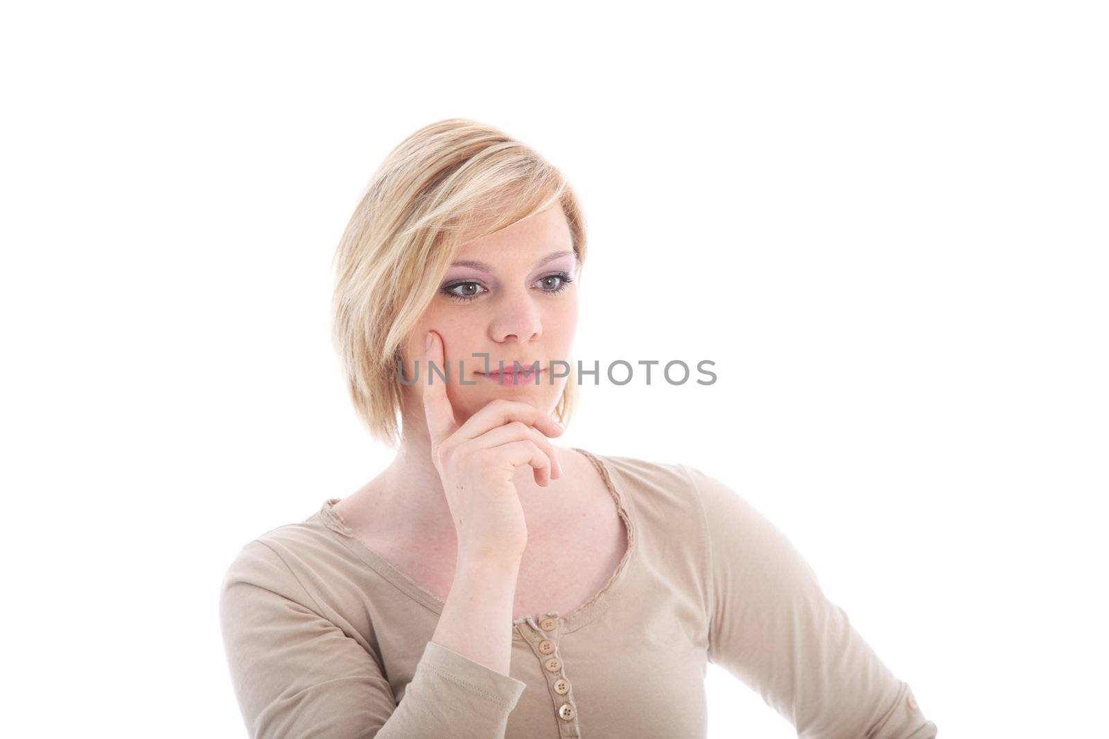 Attractive blonde woman thinking about something - isolated on white