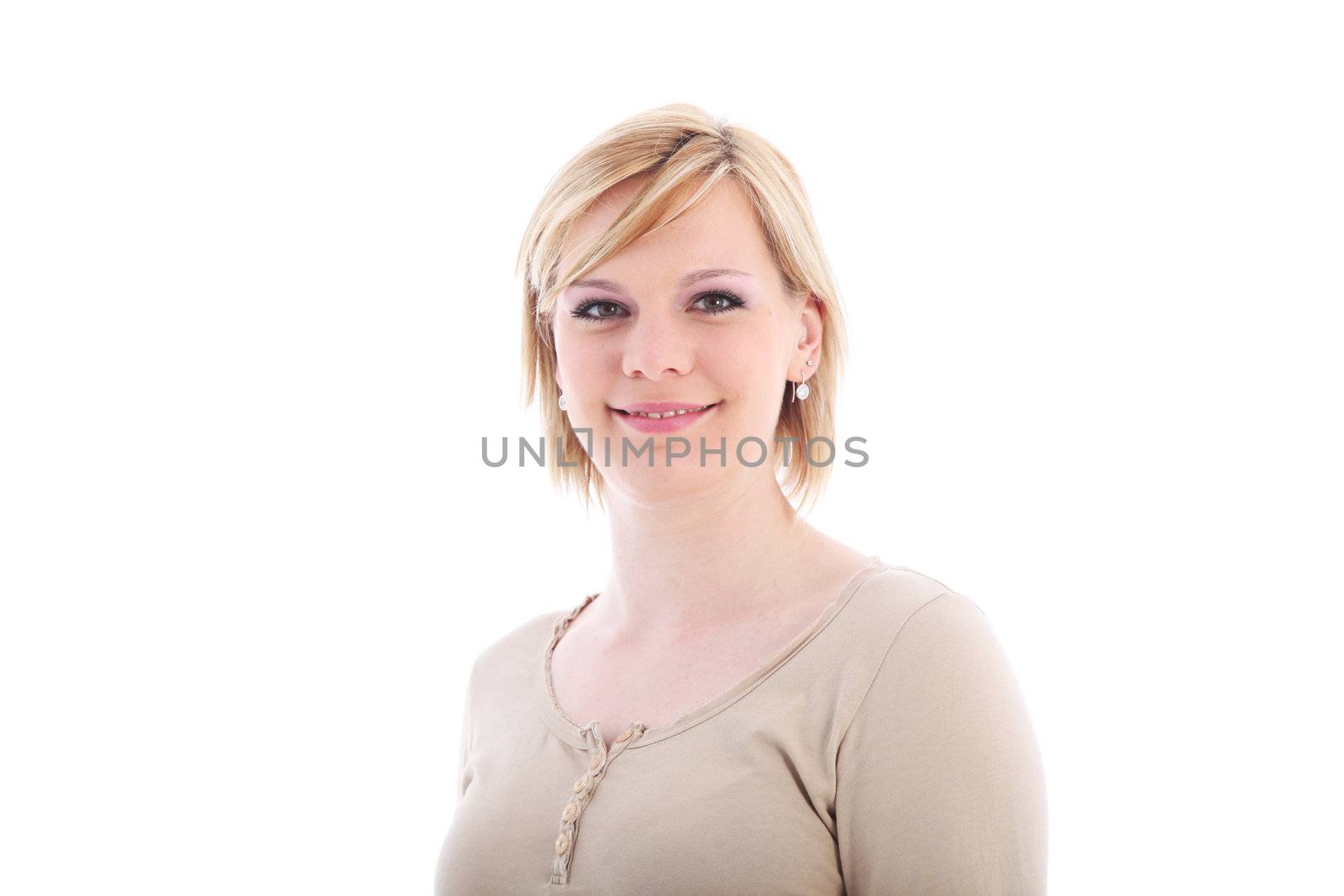 Studio shot of smiling blonde woman isolated on white