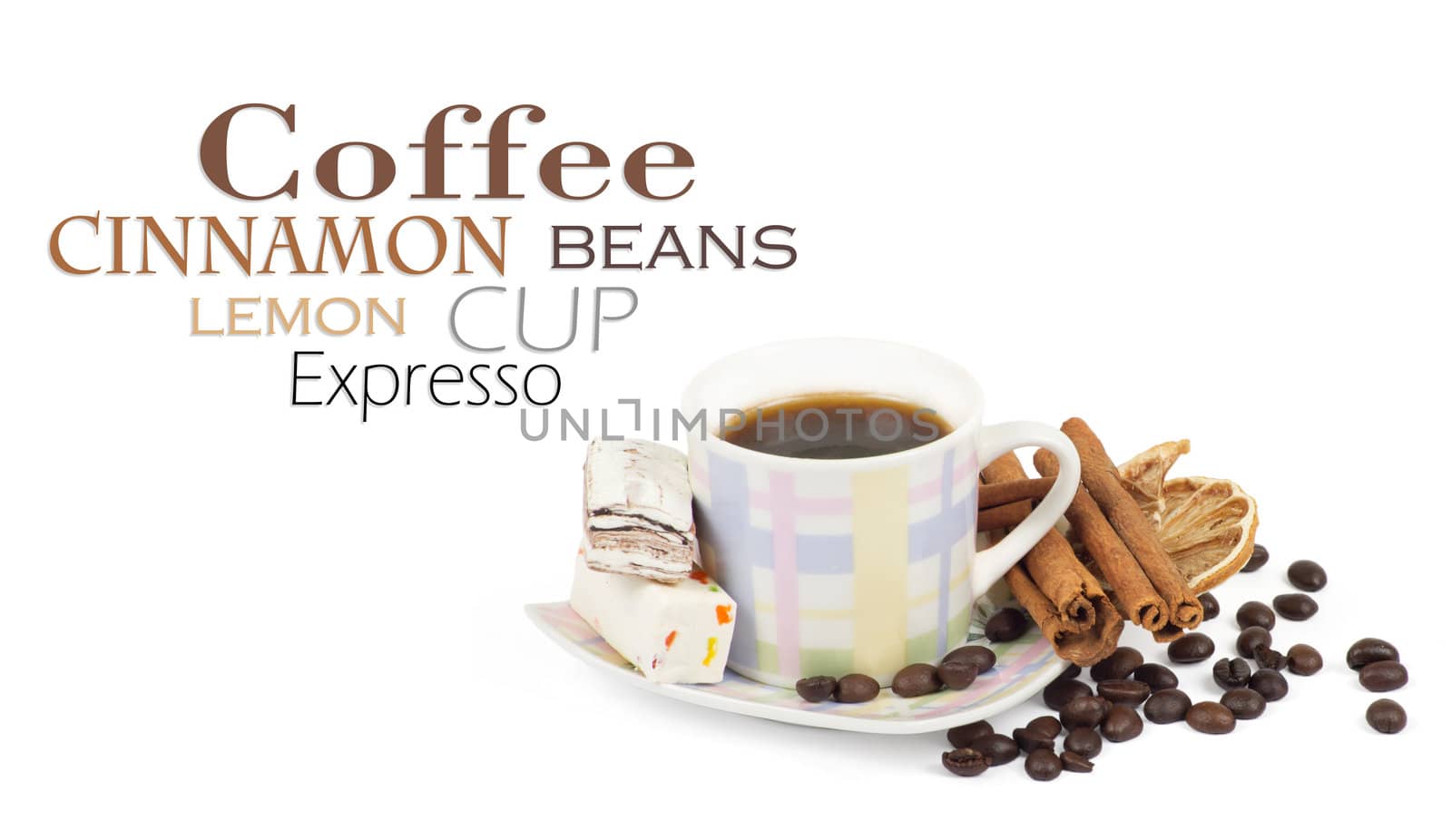 Cup of coffee with ingredients on a white background